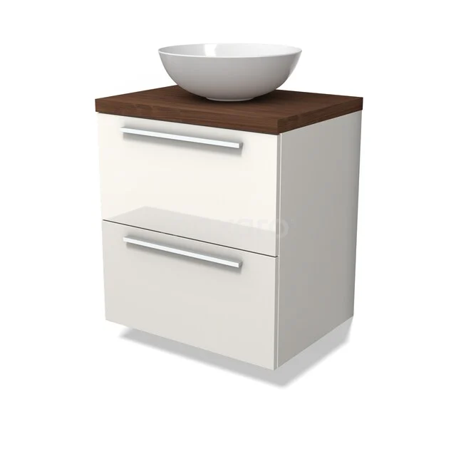 Modulo Plato Vanity units for countertop basin | 60 cm High-gloss white Flat front Walnut worktop 2 Stacked drawers BMK17-03429 Wit glanzend wastafelmeubel met houten blad, ronde opbouwkom en twee lades. Perfecte aanwinst voor een moderne badkamer.
