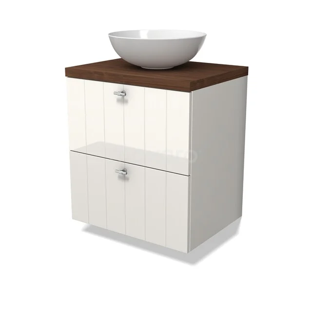 Modulo Plato Badkamermeubel voor waskom | 60 cm Hoogglans wit Lamel front Walnoot blad 2 lades onder elkaar BMK17-03430 Wit badkamermeubel met houtlook blad, ronde waskom en 2 lades, modern design geschikt voor kleine badkamers.