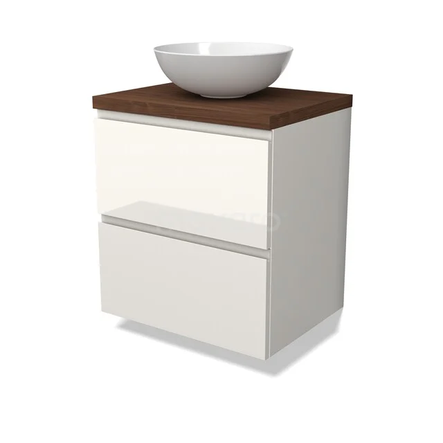 Waschbeckenmöbel Modulo BMK17-03431 Weißes Badezimmermöbel mit Holzplatte und rundem Aufsatzwaschbecken, modernes Design, perfekt für ein stilvolles und organisiertes Badezimmer.