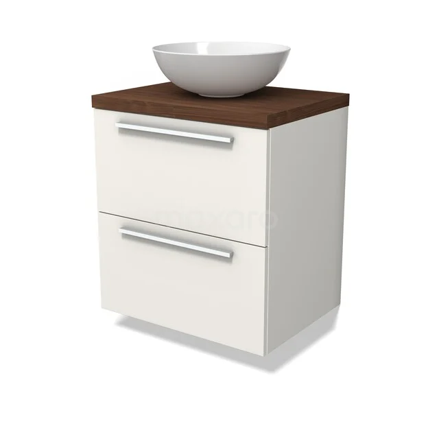 Modulo Plato Badkamermeubel voor waskom | 60 cm Mat wit Vlak front Walnoot blad 2 lades onder elkaar BMK17-03432 Wit badkamermeubel met twee lades, houtlook blad en komvormige wastafel, ideaal voor moderne badkamers.