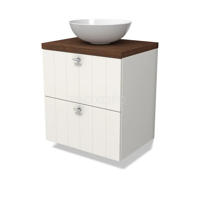 Modulo Plato Vanity units for countertop basin | 60 cm Matte white Slat front Walnoot worktop 2 Stacked drawers BMK17-03433 Wit badkamermeubel met 2 lades, houten blad en witte keramische opzetwastafel, modern ontwerp uit de Milano-serie.