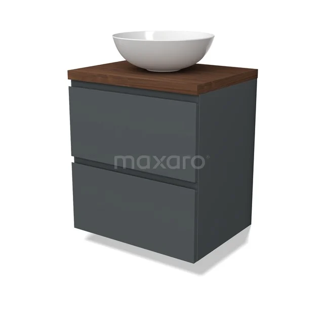 Modulo Plato Vanity units for countertop basin | 60 cm Dark grey Handle-less front Walnoot worktop 2 Stacked drawers BMK17-03437 Grijze badkamerkast met houten blad en witte opbouwkom, modern design, ideaal voor stijlvolle badkamerinrichting.