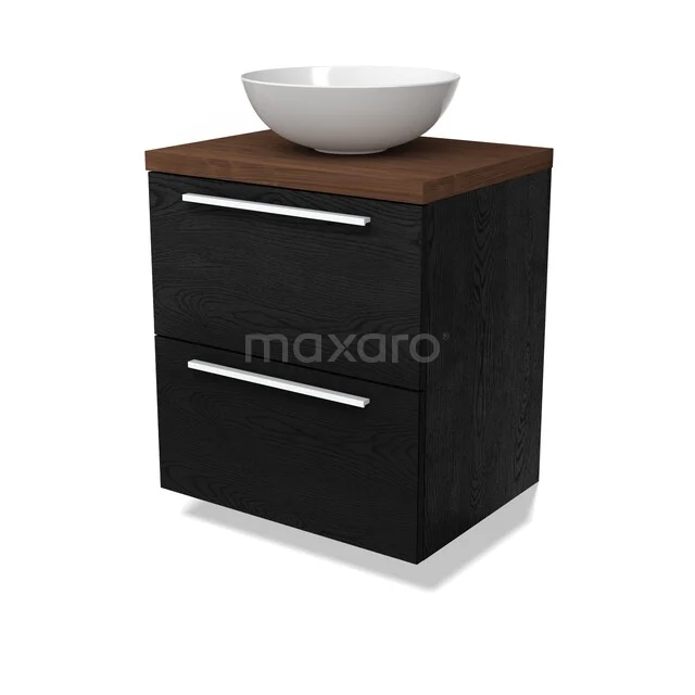 Modulo Plato Vanity units for countertop basin | 60 cm Black oak Flat front Walnut worktop 2 Stacked drawers BMK17-03440 Zwart badkamermeubel met houtlook blad, opzetwastafel en lades met chromen grepen, modern design.