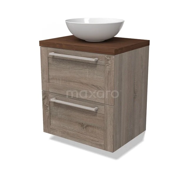 Modulo Plato Vanity units for countertop basin | 60 cm Oak Frame front Walnoot worktop 2 Stacked drawers BMK17-03443 Houten badkamermeubel met twee lades, een witte opzetwastafel en een donkerbruin blad, ideaal voor moderne badkamers.