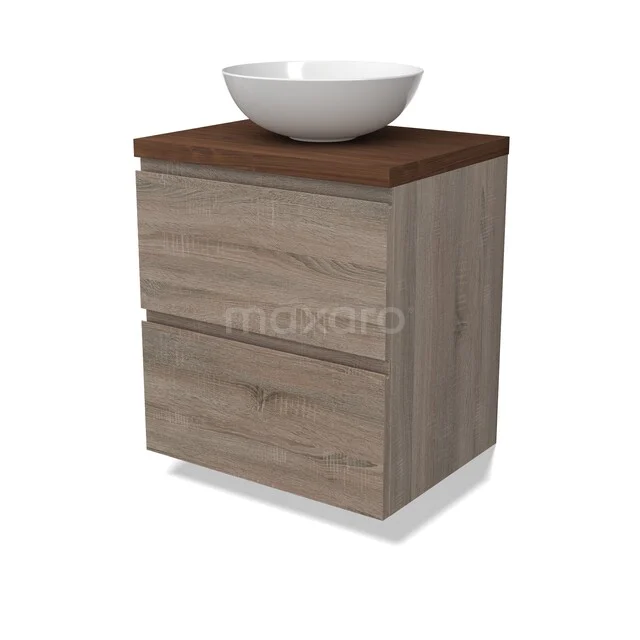 Modulo Plato Vanity units for countertop basin | 60 cm Oak Handle-less front Walnoot worktop 2 Stacked drawers BMK17-03444 Badkamermeubel met waskom, houtlook kast met 2 lades, donkerbruin blad en witte kom, modern design, ideaal voor kleine badkamers.