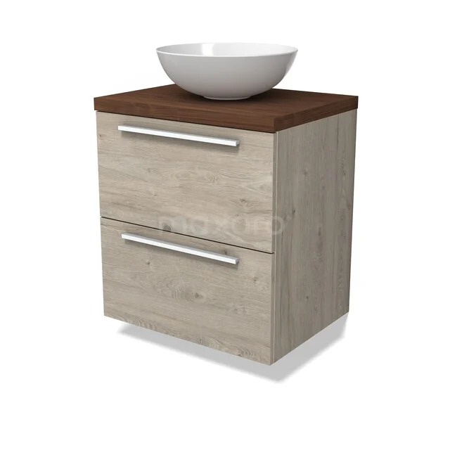 Modulo Plato Vanity units for countertop basin | 60 cm Light grey oak Flat front Walnut worktop 2 Stacked drawers BMK17-03445 Houten badkamermeubel met twee lades, wit keramische waskom en moderne handgrepen, ideaal voor een stijlvolle badkamer.