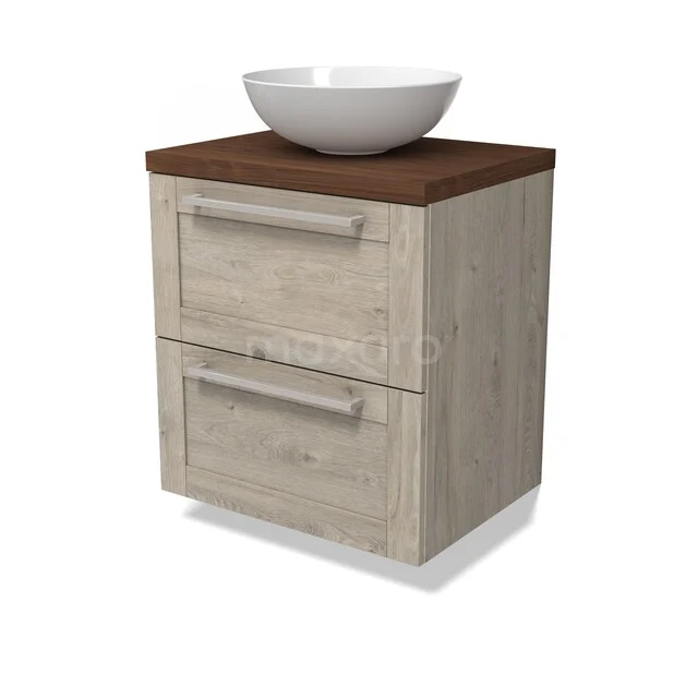 Houten badkamermeubel met twee lades, witte waskom en donkerhouten blad, compact ontwerp voor moderne badkamers.