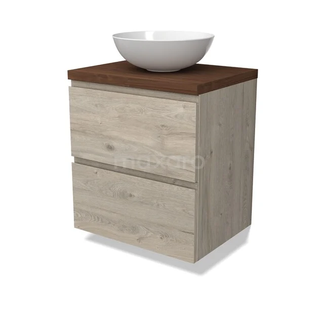 Modulo Plato Vanity units for countertop basin | 60 cm Light grey oak Handle-less front Walnoot worktop 2 Stacked drawers BMK17-03447 Houten badkamermeubel met waskom, natuurlijke eikenlook, softclose lades en donker houten blad.
