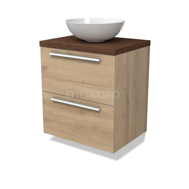 Modulo Plato Vanity units for countertop basin | 60 cm Light brown oak Flat front Walnoot worktop 2 Stacked drawers BMK17-03448 Houten badkamermeubel met witte waskom, moderne uitstraling, twee lades en donkerbruin blad voor stijlvolle badkamerinrichting.