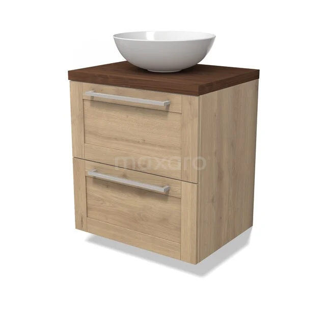 Modulo Plato Badkamermeubel voor waskom | 60 cm Lichtbruin eiken Kader front Walnoot blad 2 lades onder elkaar BMK17-03449 Eikenhouten badkamermeubel met twee lades, een donkerhouten blad en een moderne opzetwaskom, ideaal voor een stijlvolle badkamer.