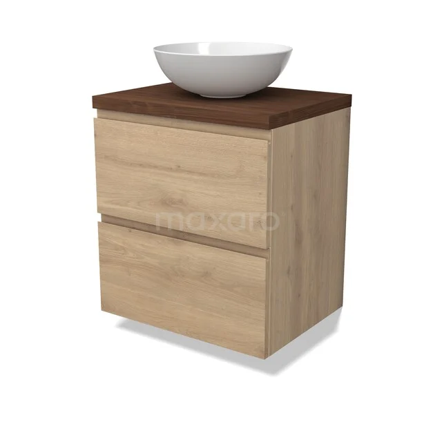 Holz-Badmöbel mit Waschbecken, heller Eiche Schrank mit zwei Schubladen und einer dunklen Platte, modernes Design.