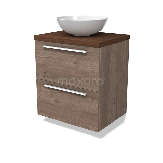 Holz Badschrank mit modernem Waschbecken, zwei Schubladen und einer dunklen Holzoberfläche für stilvolle Badezimmerlagerung.