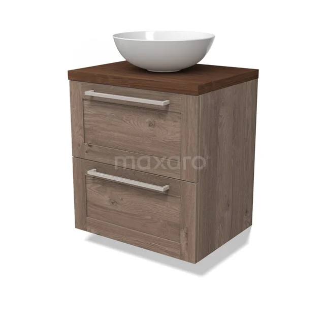 Modulo Plato Vanity units for countertop basin | 60 cm Mid brown oak Frame front Walnoot worktop 2 Stacked drawers BMK17-03452 Houten badkamermeubel met waskom, twee lades met metalen handgrepen, warm bruin eiken afwerking, compact design.