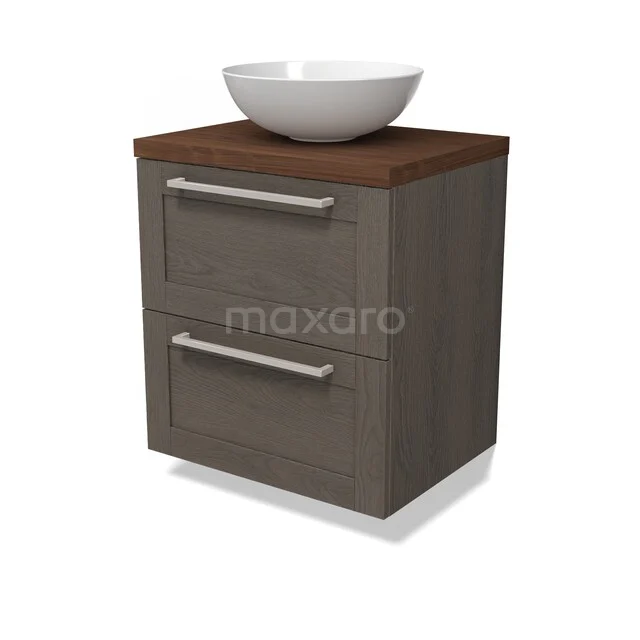 Houten badkamermeubel met twee lades, donkergrijze finish, houten blad en witte waskom, strak design voor moderne badkamers.
