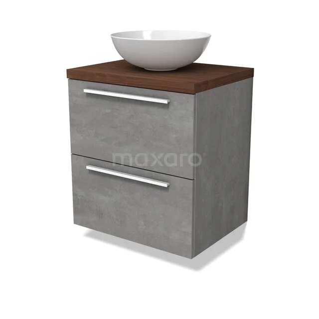 Modulo Plato Vanity units for countertop basin | 60 cm Light grey concrete Flat front Walnoot worktop 2 Stacked drawers BMK17-03457 Grijze badkamermeubelset met betonlook, houten blad en witte waskom, modern design met dubbele lades voor extra opbergruimte.