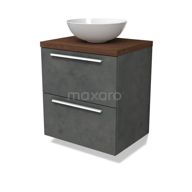 Modulo Plato Vanity units for countertop basin | 60 cm Dark grey concrete Flat front Walnoot worktop 2 Stacked drawers BMK17-03459 Grijze badkamermeubelset met houtlook blad, keramische waskom en twee lades; modern, compact ontwerp voor stijlvolle badkamers.