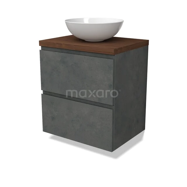 Modulo Plato Vanity units for countertop basin | 60 cm Dark grey concrete Handle-less front Walnut worktop 2 Stacked drawers BMK17-03460 Grijs badkamermeubel met twee lades, houten blad en witte ronde waskom, modern design, ideaal voor compacte badkamers.