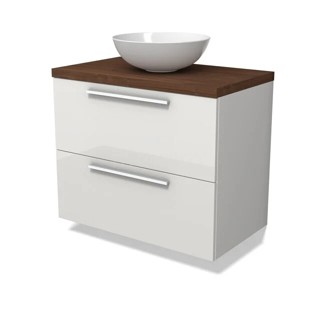 Modulo Plato Badkamermeubel voor waskom | 80 cm Hoogglans wit Vlak front Walnoot blad 2 lades onder elkaar BMK17-03469 Witte badkamermeubelset met houtlook blad, inclusief ronde waskom en zilveren grepen, modern design.