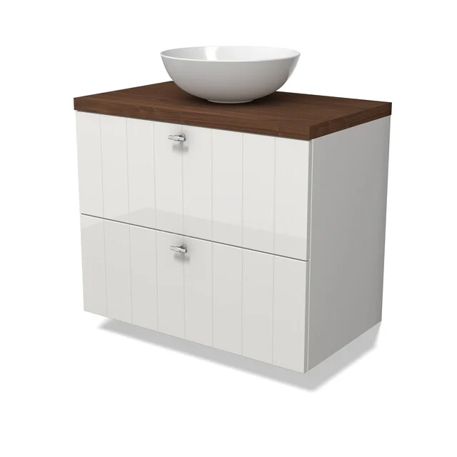 Modulo Plato Vanity units for countertop basin | 80 cm High-gloss white Slat front Walnoot worktop 2 Stacked drawers BMK17-03470 Wit badkamermeubel met houtlook blad, keramische kom en dubbele lades, ideaal voor stijlvolle en functionele opbergoplossing.