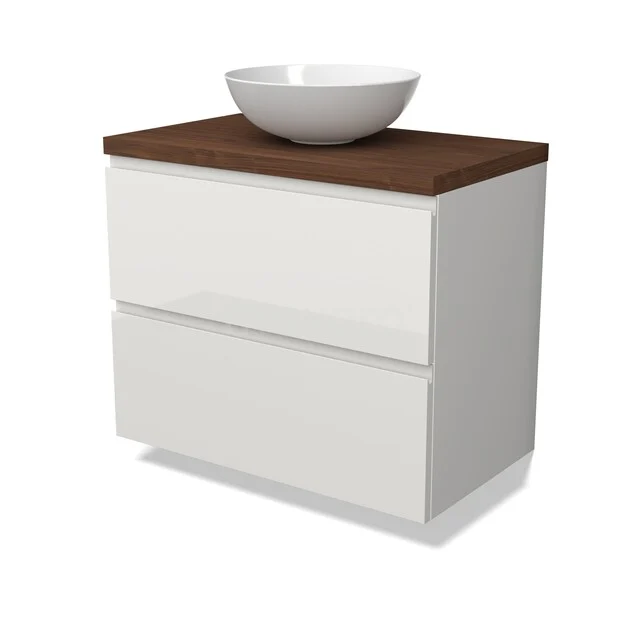 Modulo Plato Vanity units for countertop basin | 80 cm High-gloss white Handle-less front Walnoot worktop 2 Stacked drawers BMK17-03471 Wit hangend badkamermeubel met een houten blad en een ronde opzetwaskom, strak design voor een moderne badkamer.