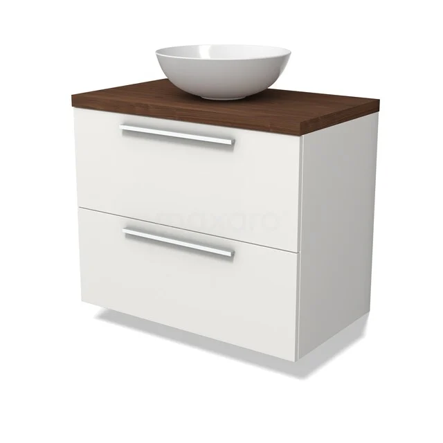 Weißes Badezimmermöbel mit zwei Schubladen, hölzerner Platte und rundem weißen Aufsatzwaschbecken; modernes Design für stilvolle Badezimmergestaltung.