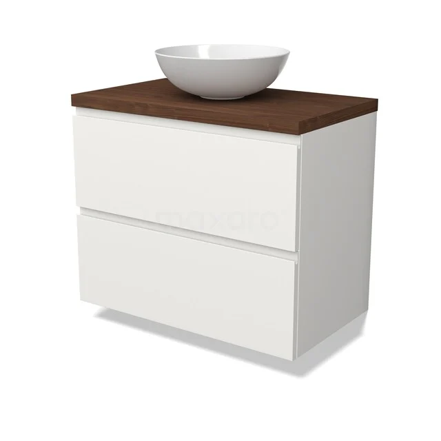Modulo Plato Badkamermeubel voor waskom | 80 cm Mat wit Greeploos front Walnoot blad 2 lades onder elkaar BMK17-03474 Wit badkamermeubel met twee lades, houtlook wastafelblad en ronde waskom; modern en strak design.