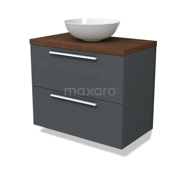 Waschbeckenmöbel Modulo BMK17-03475 Grauer Badschrank mit zwei Schubladen, Holzplatte und rundem weißen Aufsatzwaschbecken, stilvolles Design für moderne Bäder.