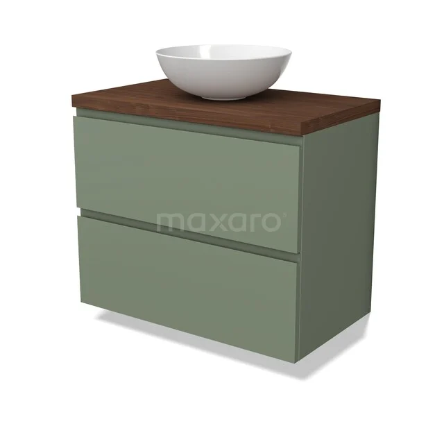 Modulo Plato Vanity units for countertop basin | 80 cm Sage green Handle-less front Walnoot worktop 2 Stacked drawers BMK17-03479 Groen badkamermeubel met twee lades, houten blad en witte ovalen waskom; modern design ideaal voor stijlvolle badkamers.