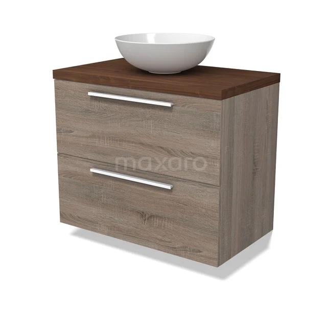 Modulo Plato Vanity units for countertop basin | 80 cm Oak Flat front Walnoot worktop 2 Stacked drawers BMK17-03482 Houten badkamermeubel met twee lades, walnootkleurig blad en witte waskom. Modern design voor een stijlvolle badkamer.