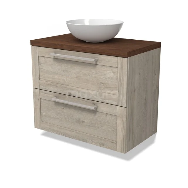 Wooden bathroom furniture with two drawers, dark wooden top and white countertop basin; modern and compact design.