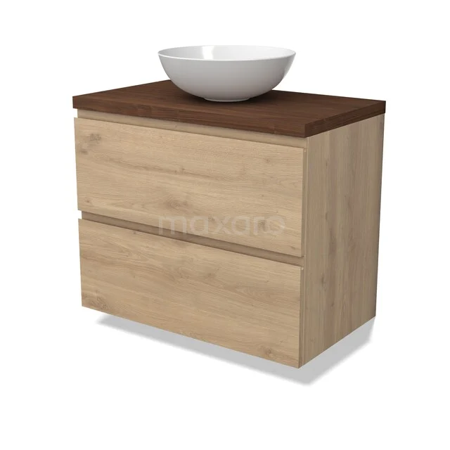 Holz Badezimmermöbel mit zwei Schubladen, dunkler Platte und weißem Aufsatzwaschbecken; schlichtes Design für moderne Bäder.