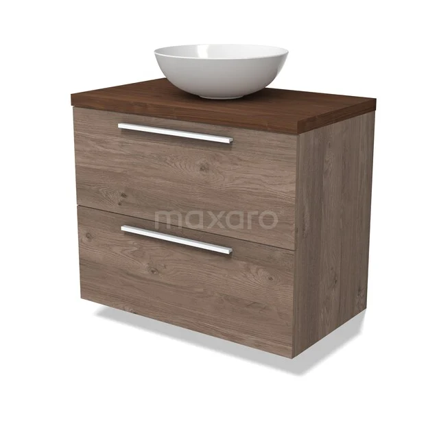 Modulo Plato Badkamermeubel voor waskom | 80 cm Middenbruin eiken Vlak front Walnoot blad 2 lades onder elkaar BMK17-03491 Houten badkamermeubel met waskom, inclusief twee lades, natuurlijke houtlook en elegante metalen handgrepen.