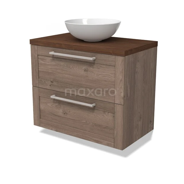 Wooden bathroom furniture with sink, light brown oak, 2 drawers with silver handles, modern design for stylish bathrooms.