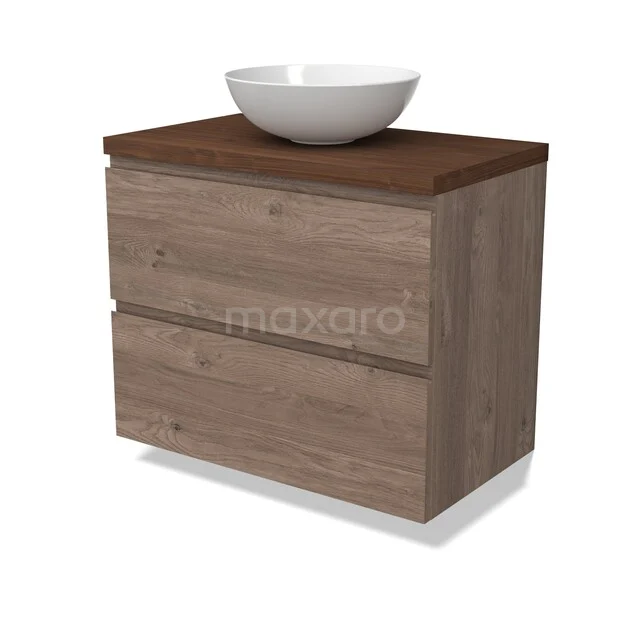 Modulo Plato Vanity units for countertop basin | 80 cm Mid brown oak Handle-less front Walnoot worktop 2 Stacked drawers BMK17-03493 Houten badkamermeubel met wastafelkom, lichtbruin eikenlook met twee lades en donker bovenblad, modern design.