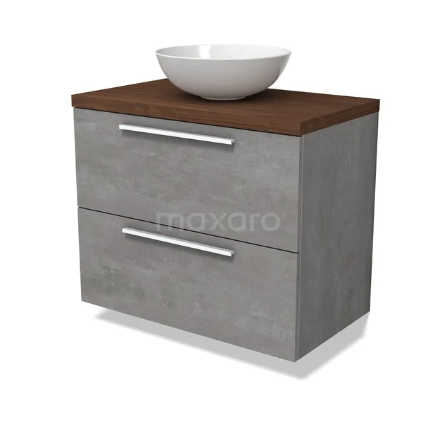 Modulo Plato Vanity units for countertop basin | 80 cm Light grey concrete Flat front Walnoot worktop 2 Stacked drawers BMK17-03497 Grijze betonnen badkamermeubel met houten blad, witte opbouwwastafel en metalen handgrepen.
