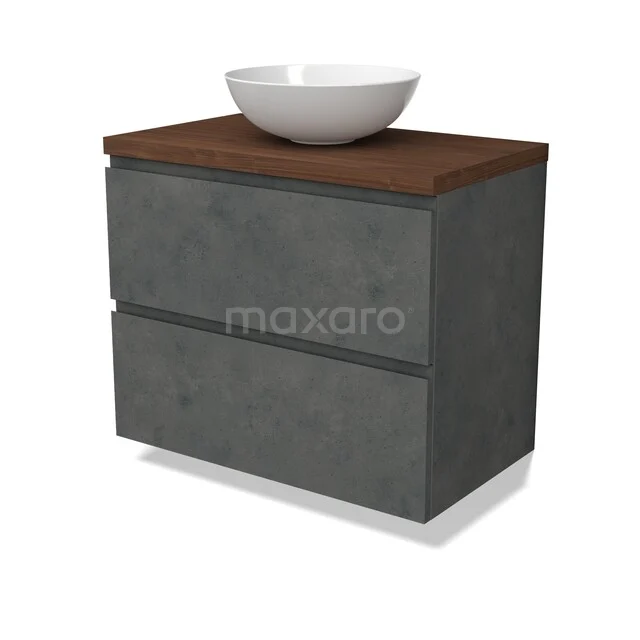 Modulo Plato Vanity units for countertop basin | 80 cm Dark grey concrete Handle-less front Walnoot worktop 2 Stacked drawers BMK17-03500 Donkergrijze badkamerkast met houtlook blad en witte keramische waskom, modern design voor stijlvolle badkamers.