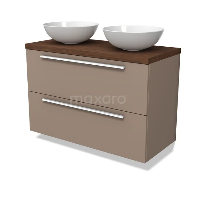 Modulo Plato Vanity units for countertop basin | 100 cm Taupe Flat front Walnoot worktop 2 Stacked drawers BMK17-03504 Beige badkamermeubel met dubbel wastafelblad, witte kommen en houten details, ideaal voor een moderne badkamerstijl.