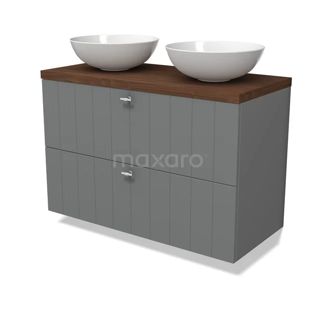 Modulo Plato Vanity units for countertop basin | 100 cm Mid grey Slat front Walnut worktop 2 Stacked drawers BMK17-03507 Grijze badkamermeubelset met houtlook blad, twee witte opbouw wastafels en strakke moderne lijnen voor een stijlvolle badkamer.