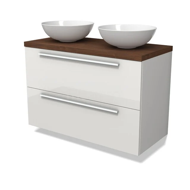 Modulo Plato Vanity units for countertop basin | 100 cm High-gloss white Flat front Walnoot worktop 2 Stacked drawers BMK17-03509 Wit badkamermeubel met houten blad, dubbele waskommen en zilverkleurige handgrepen, strak design voor moderne badkamers.