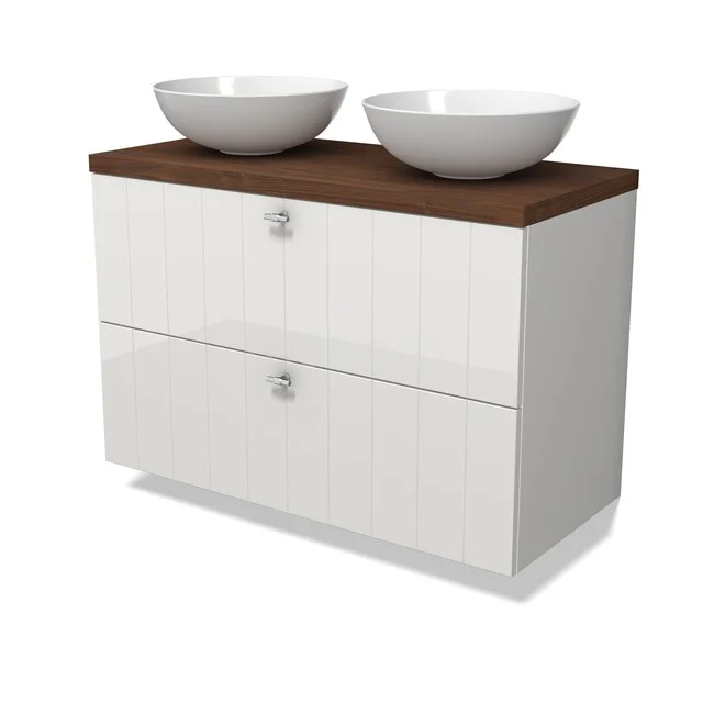 Wit badkamermeubel met houtlook blad en twee keramische waskommen, strak design en ideaal voor moderne badkamers.