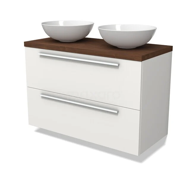 Weißes Badezimmermöbel mit Holzplatte, doppelten Aufsatzwaschbecken und zwei Schubladen mit Metallgriffen, modernes und praktisches Design.