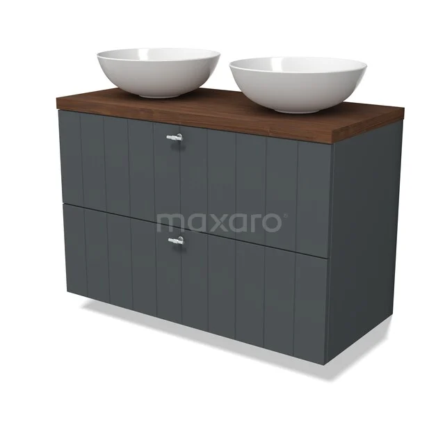 Modulo Plato Vanity units for countertop basin | 100 cm Dark grey Slat front Walnoot worktop 2 Stacked drawers BMK17-03516 Grijze badmeubelset met dubbel wastafelblad, houtlook bovenkant en keramische kommen, ideaal voor een moderne badkamerstijl.