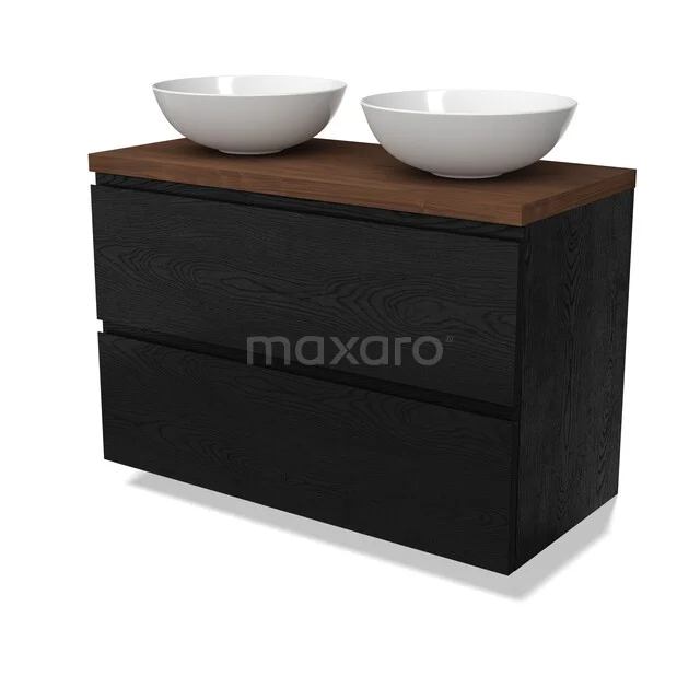 Modulo Plato Vanity units for countertop basin | 100 cm Black oak Handle-less front Walnut worktop 2 Stacked drawers BMK17-03521 Zwart hangend badkamermeubel met dubbele witte waskommen, houten blad en strakke lades, modern design.