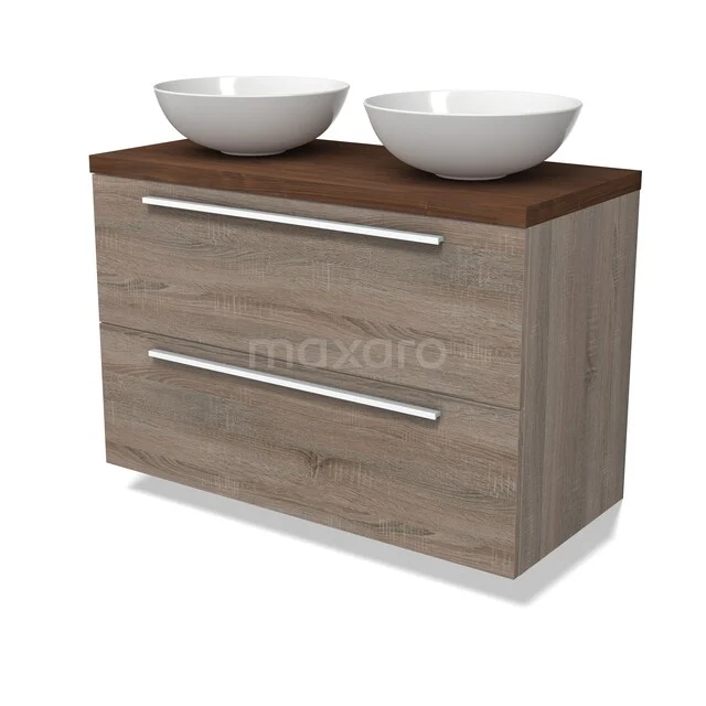 Modulo Plato Vanity units for countertop basin | 100 cm Oak Flat front Walnoot worktop 2 Stacked drawers BMK17-03522 Houten badmeubel met donkerbruin blad, twee witte waskommen en zilverkleurige handgrepen, ideaal voor een moderne badkamer.