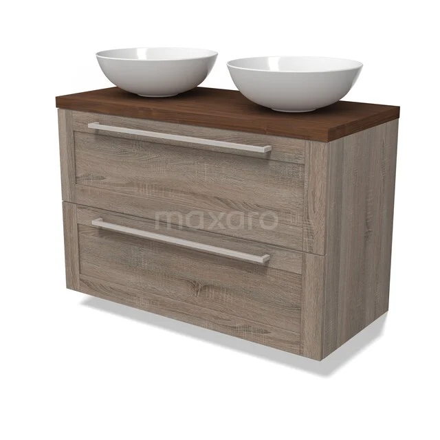 Modulo Plato Vanity units for countertop basin | 100 cm Oak Frame front Walnoot worktop 2 Stacked drawers BMK17-03523 Houten badkamermeubel met dubbele wastafel, moderne ladekast in eikenlook en witte keramische kommen.