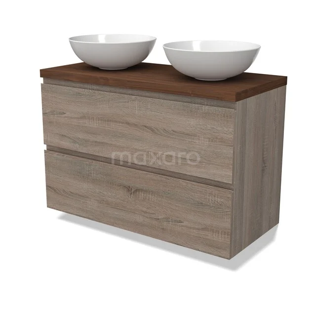 Modulo Plato Vanity units for countertop basin | 100 cm Oak Handle-less front Walnoot worktop 2 Stacked drawers BMK17-03524 Houten badkamermeubel met twee witte kommen, donker houtblad en strak design. Perfect voor een moderne badkamerstijl.