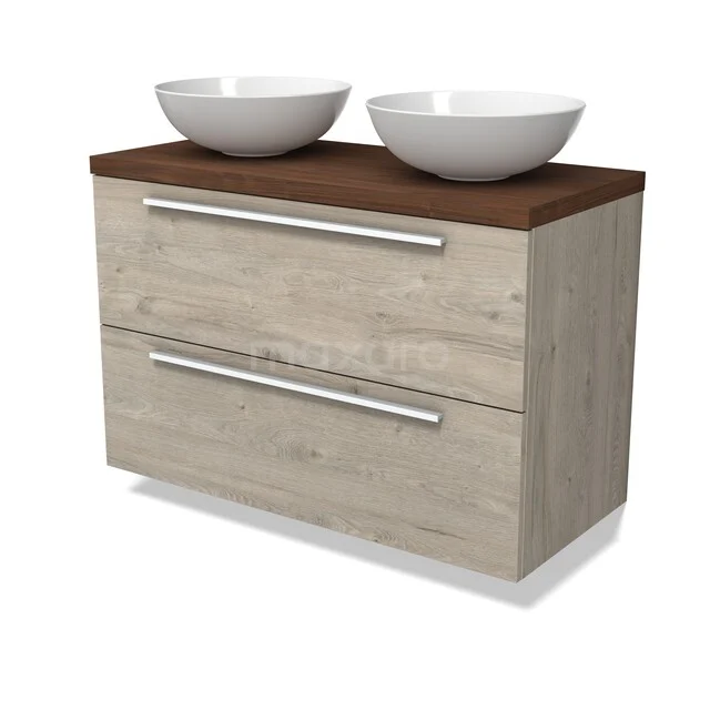 Modulo Plato Vanity units for countertop basin | 100 cm Light grey oak Flat front Walnut worktop 2 Stacked drawers BMK17-03525 Houten badkamermeubel met dubbele wastafel, licht eiken kleur, twee lades en wit keramische kommen, moderne stijl.