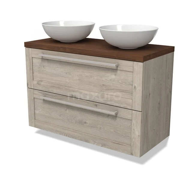 Wooden bathroom furniture with double drawers, dark wood-look top and two white ceramic sinks.