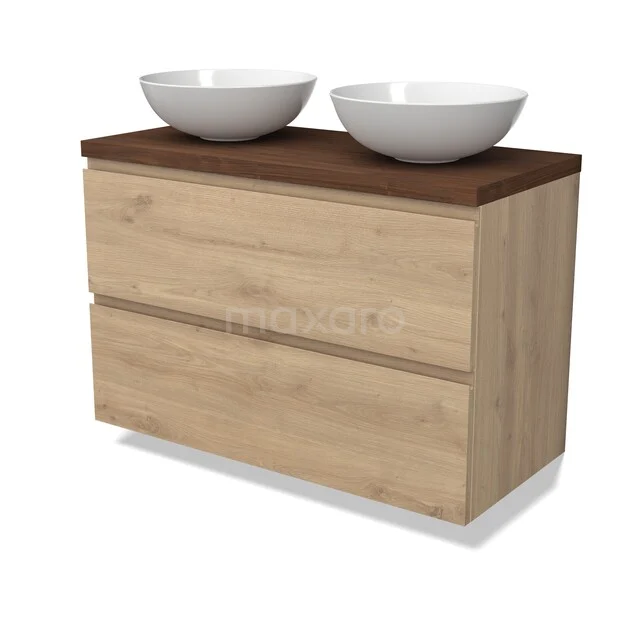Modulo Plato Vanity units for countertop basin | 100 cm Light brown oak Handle-less front Walnut worktop 2 Stacked drawers BMK17-03530 Houten badkamermeubel met dubbele wastafel, eiken finish en donkere bovenblad. Stijlvolle opberger voor moderne badkamers.