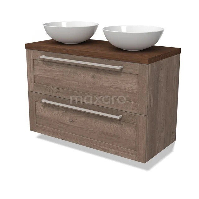 Wooden bathroom furniture with double sink, two drawers and a walnut finish, perfect for a modern bathroom.